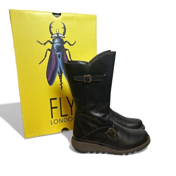 Fly London MES 2 Buckle Moto Leather Mid-Calf Boots Women’s 40 Zip RUG Sole - Picture 4 of 12